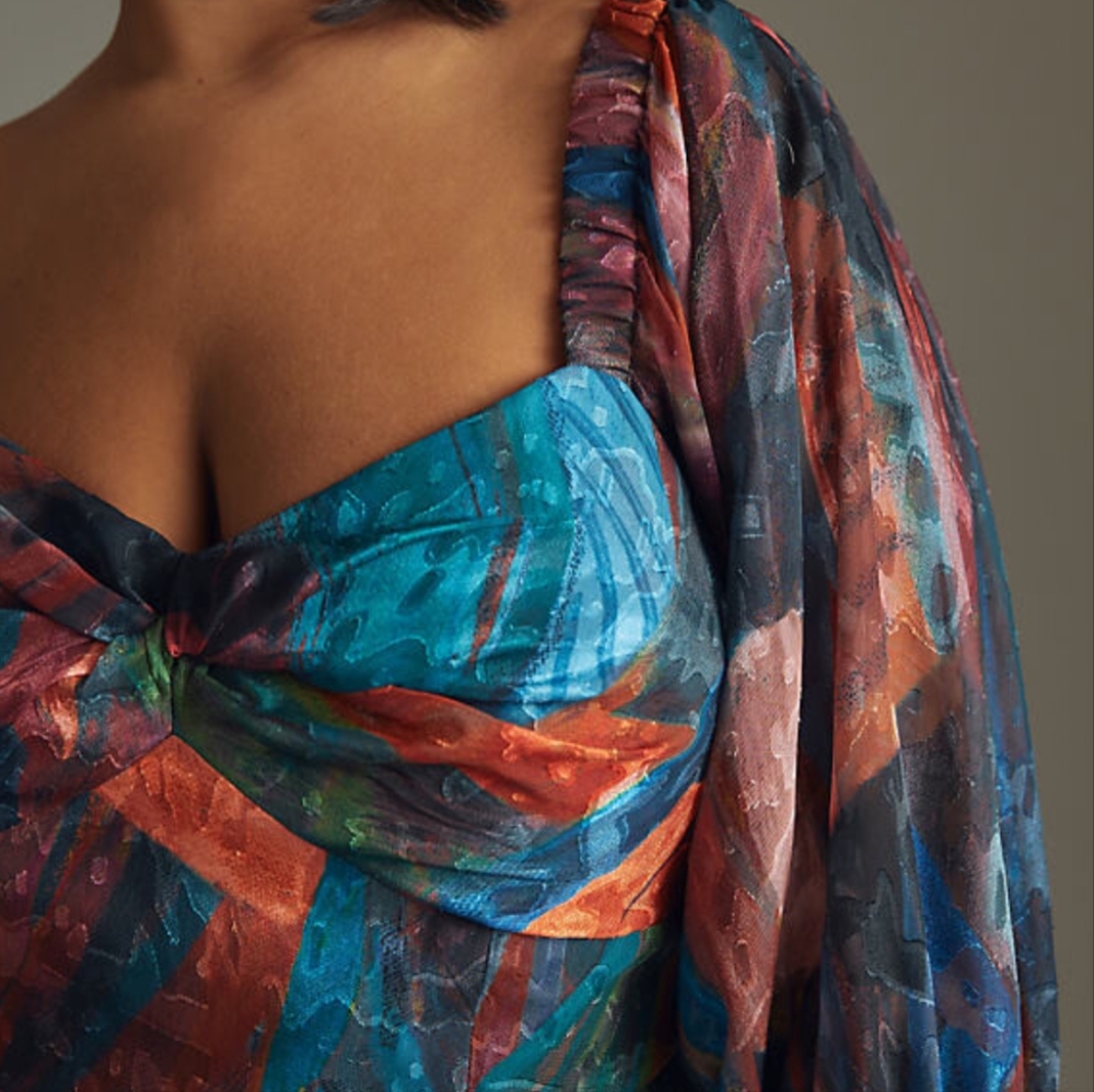 NWOT Anthropologie Hutch Printed Twist-Front Puff-Sleeve Ruffle-Hem Dress  12P - Picture 5 of 6